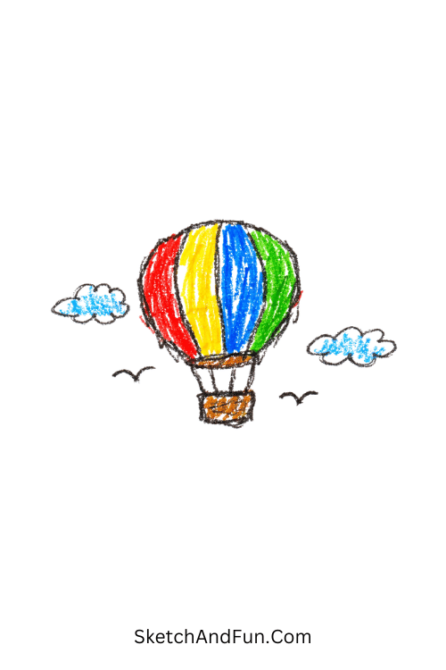 A doodle of a tiny striped hot air balloon floating in the sky, colored pencil doodle designs