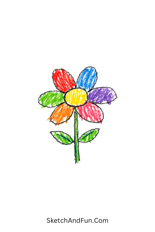 A doodle of a bright flower with each petal in a different hue, coloring pencil doodle patterns