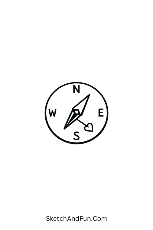 A doodle of a compass with an arrow ending in a heart, travel doodle journaling