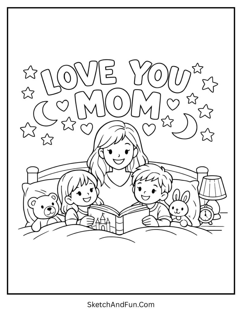 A coloring page of mom reading bedtime story with stars and hearts, mothers day coloring pages with quotes