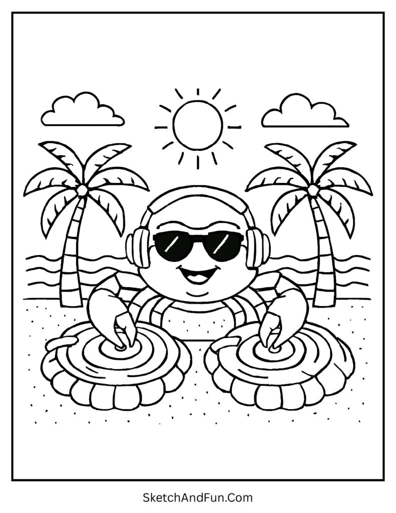 A coloring page of a crab DJ spinning music on seashell turntables, cute beach coloring pages for kids