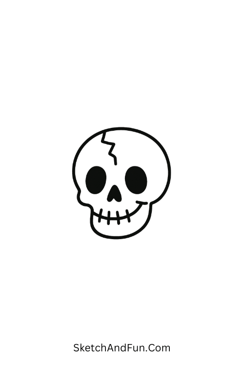 A doodle of a cracked skull with a crooked smile, grunge skull doodles