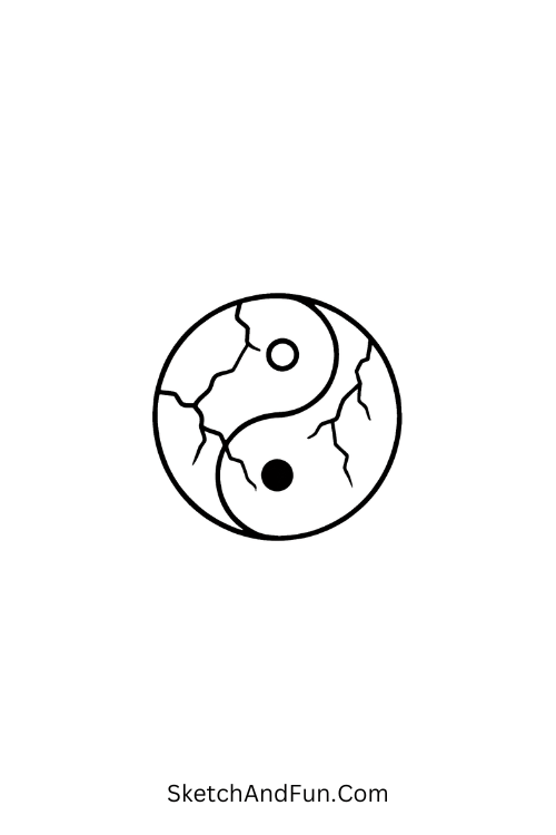 A doodle of a cracked yin yang symbol, grunge tattoo style doodles