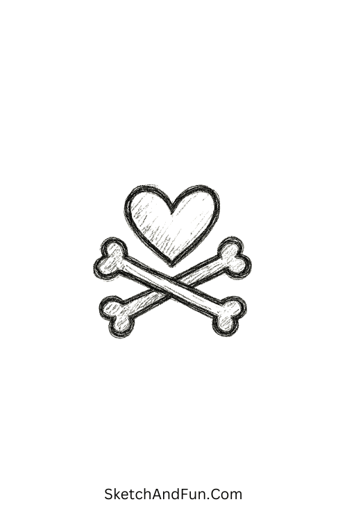 A doodle of crossed bones with a heart, grunge doodle ideas