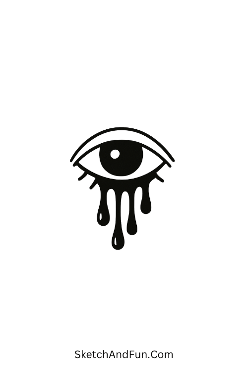 A doodle of a crying eye with dripping ink tears, dark aesthetic doodles