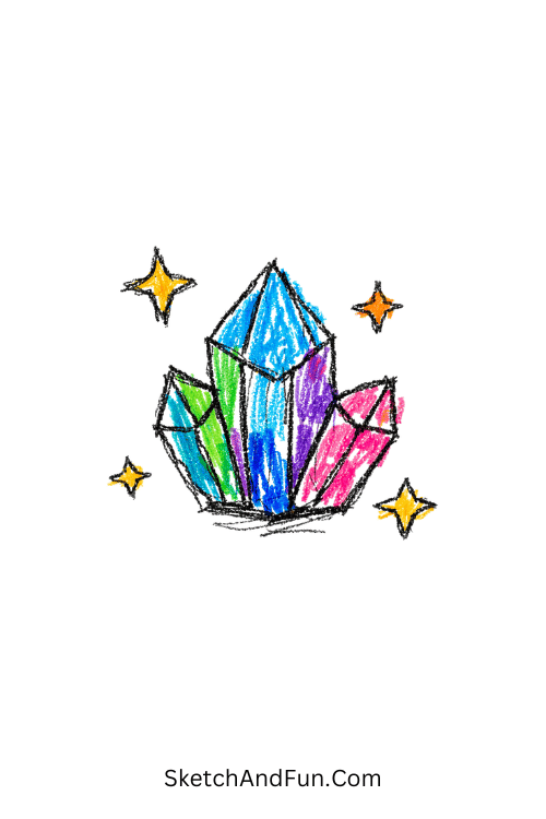 A doodle of a geometric crystal with sparkling stars around it, science doodle coloring pages