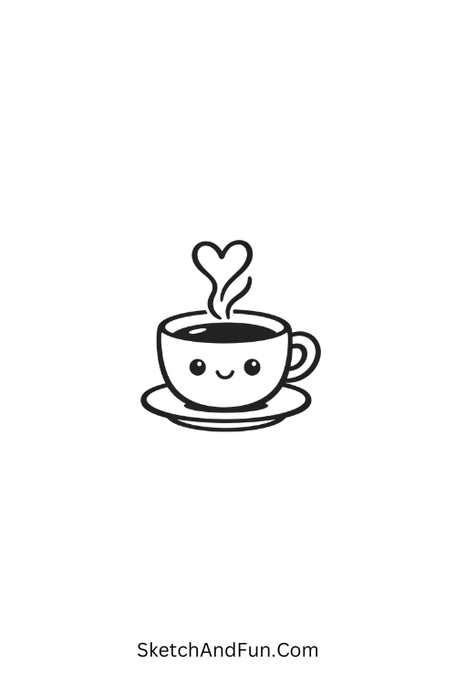 A doodle of a little coffee cup with heart-shaped steam rising, coquette doodle tutorial