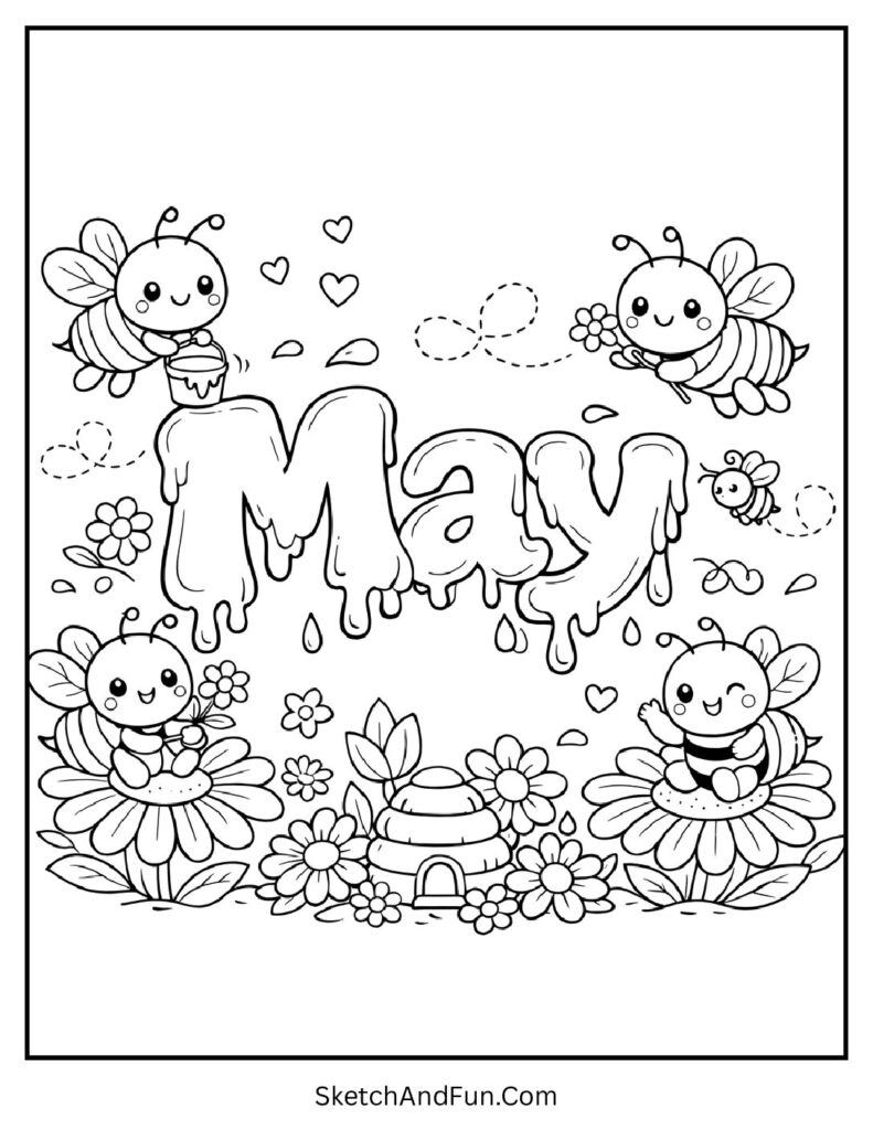 A coloring page of bees buzzing around “May” with flowers, May insects coloring pages