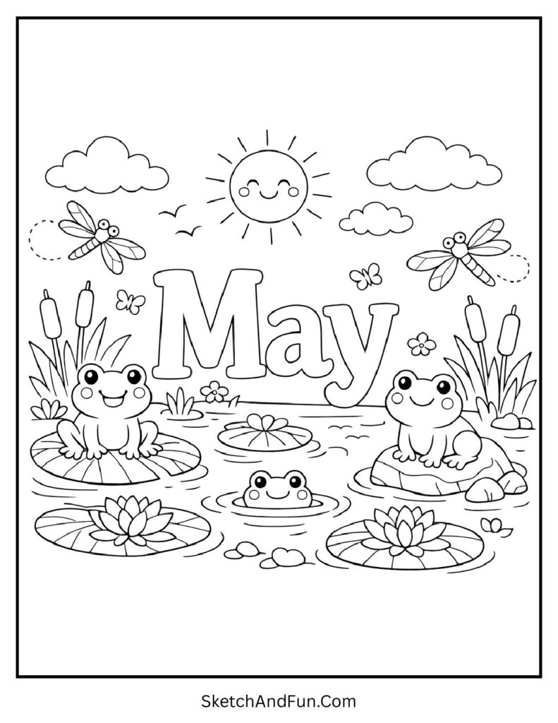 A coloring page of frogs near lily pads around “May”, May nature coloring pages