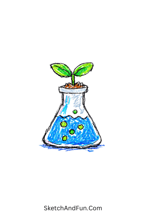 A doodle of a lab flask with a tiny green plant sprouting, science lab doodles