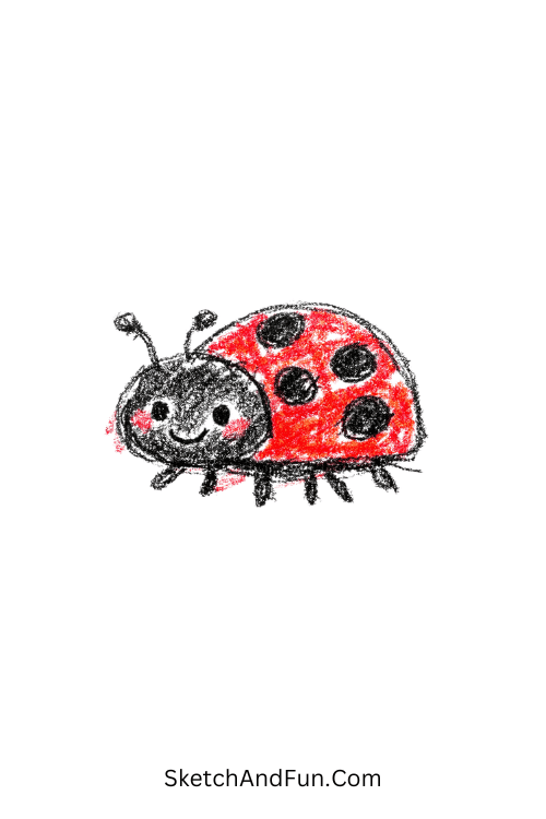 A doodle of a tiny red ladybug with black dots, colored pencil doodle book ideas