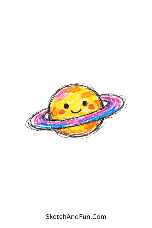 A doodle of a planet with colorful rings in space, colored pencil doodle tutorials