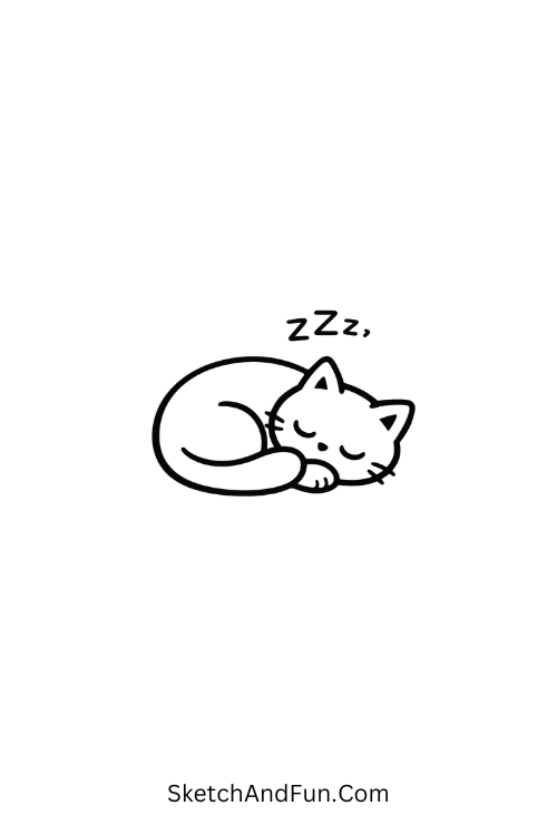 A doodle of a curled-up kitten sleeping with “Zzz”, cute pen doodles