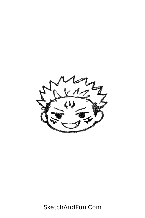 A doodle of Sukuna with tiny markings and a mischievous smile, sukuna cute doodle art