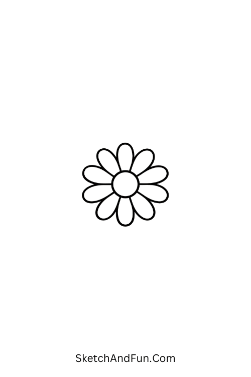 A doodle of a small daisy with short petals and circle center, tiny doodles to draw on arm