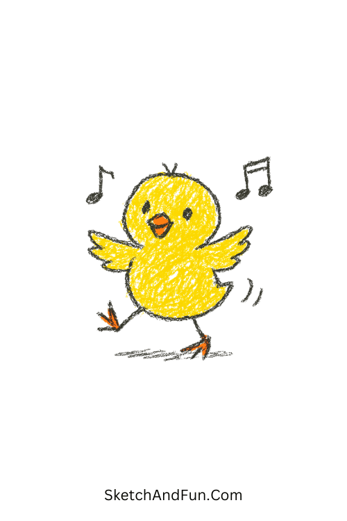 A drawing of a chick dancing with tiny music notes around, Easter chick cartoon drawing