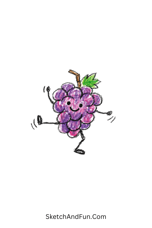 A bunch of grapes dancing with stick legs, cartoon fruit doodles