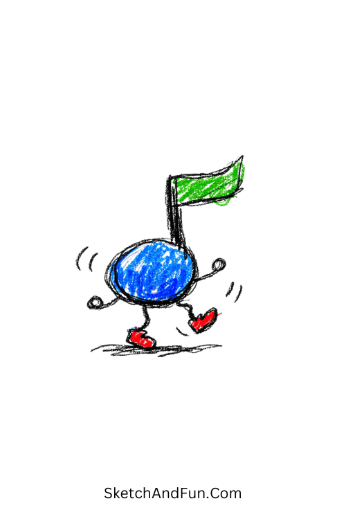 A doodle of a note with tiny legs dancing, music doodle challenge