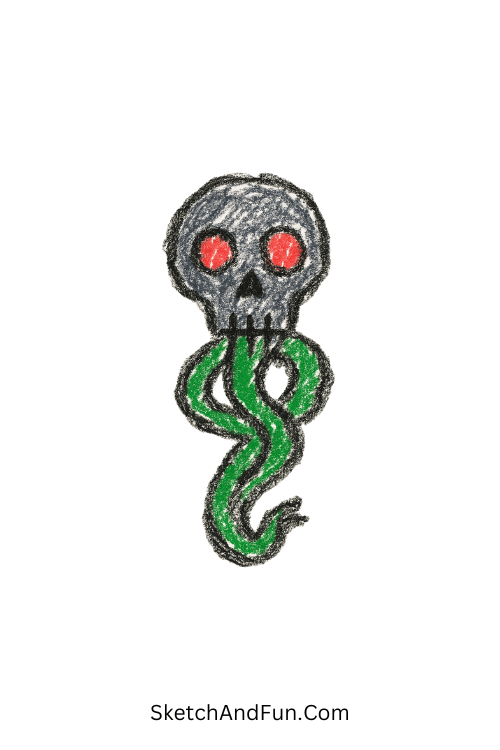 A doodle of a skull with a snake line below it, Harry Potter notebook doodles