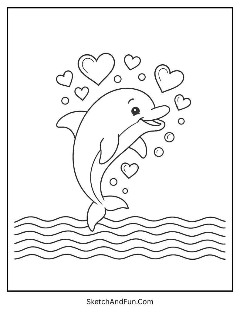 A coloring page of a dolphin jumping and blowing heart-shaped bubbles, beach coloring page sea life