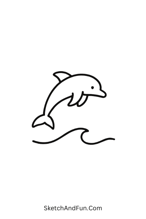 A doodle of a dolphin jumping over a wave line, beach sketch ideas easy
