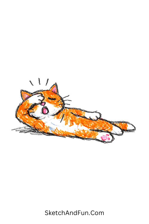 A doodle of a cat lying dramatically with paw on forehead, silly cat doodle ideas