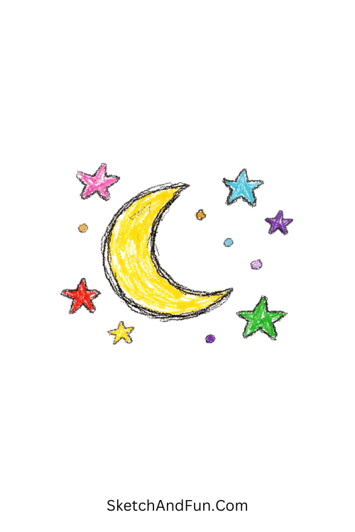 A doodle of a crescent moon with colorful stars around, colored pencil doodle backgrounds