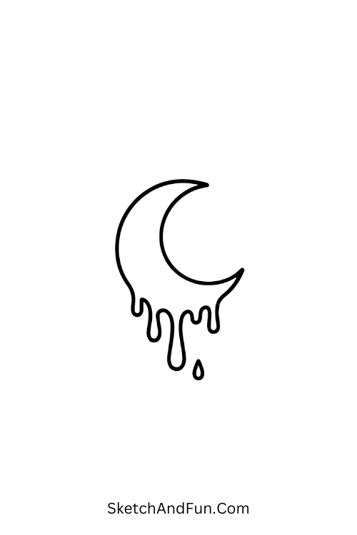 A doodle of a crescent moon dripping paint, black and white grunge doodles