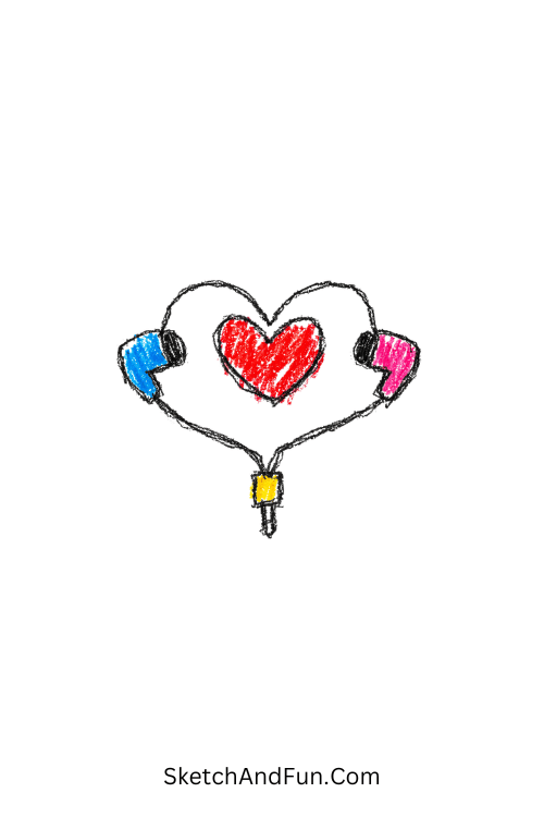 A doodle of earbuds forming a heart shape, cute music doodles