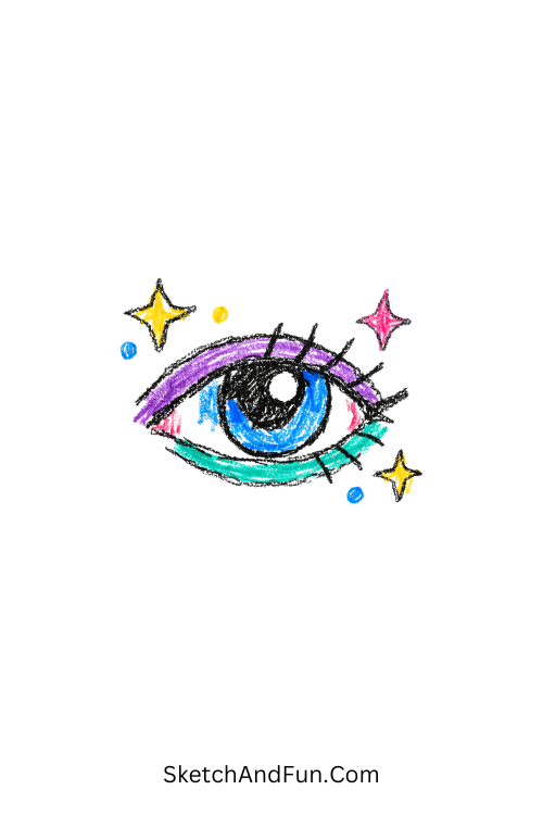 A doodle of a single eye surrounded by tiny sparkles, doodle art with markers