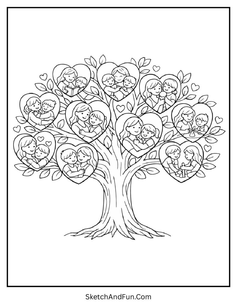A coloring page of a family tree with heart-shaped leaves, mothers day coloring pages diy gift