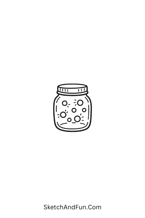 A drawing of a small jar with glowing fireflies inside, summer drawing for kids