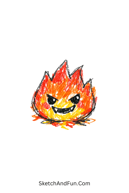 A doodle of a small flame with a mischievous face, marker doodle techniques