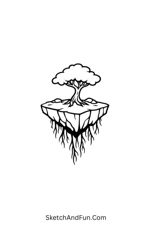 A drawing of a floating island with a tree and roots, nature drawing ideas