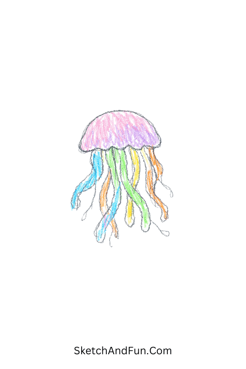 A doodle of a pastel jellyfish with flowing tentacles, colored pencil doodle step by step