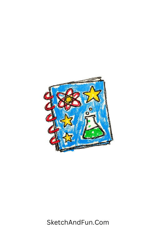 A doodle of a notebook with atom, star, and flask icons floating, science doodles sketch