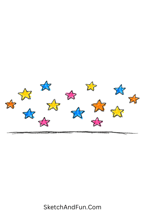 A doodle of tiny stars floating above a horizon line, star doodle icons