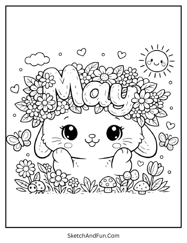 A coloring page of a flower crown over “May” and an animal, May coloring pages with flowers