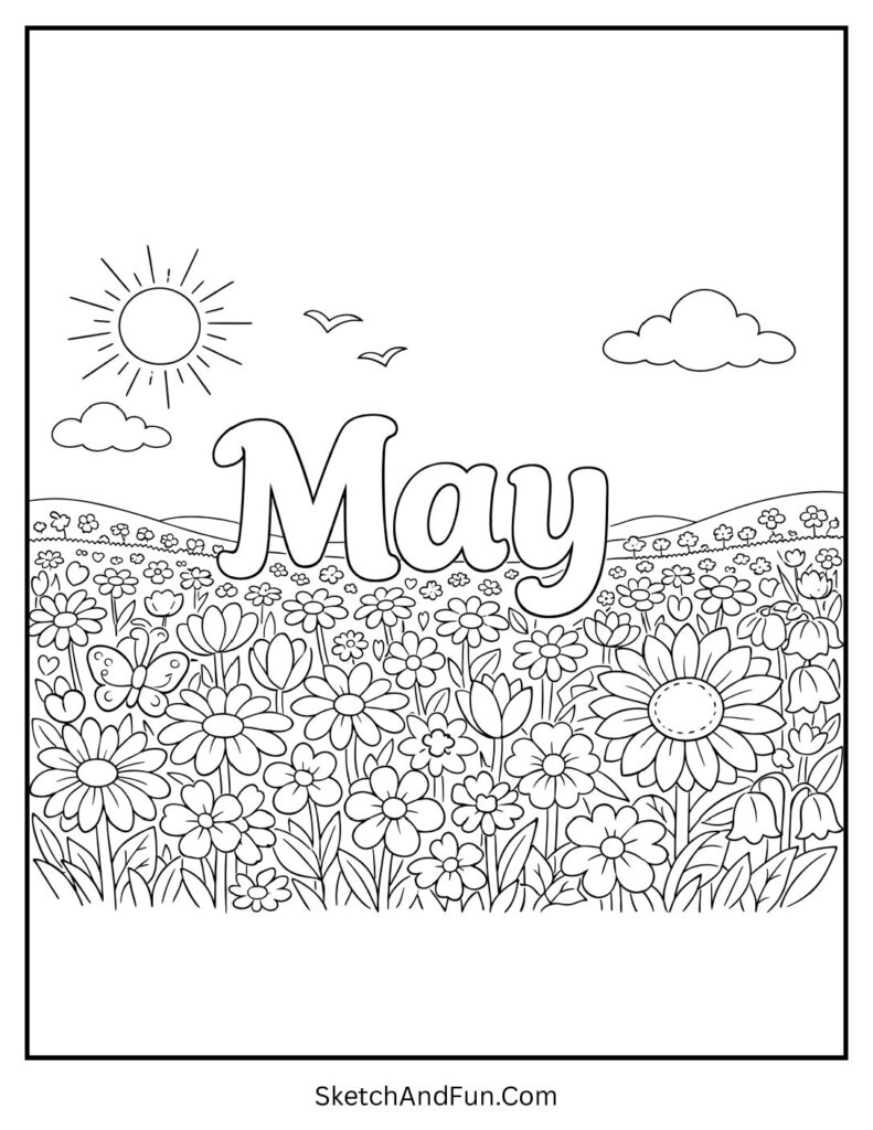 A coloring page of “May” in a wide flower field, May month coloring page free