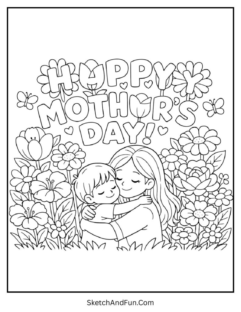 A coloring page of mom hugging child in a flower garden, mothers day coloring pages hearts and flowers