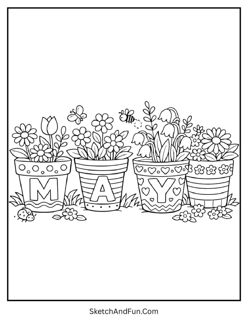 A coloring page of flower pots spelling “May”, May printable coloring sheet