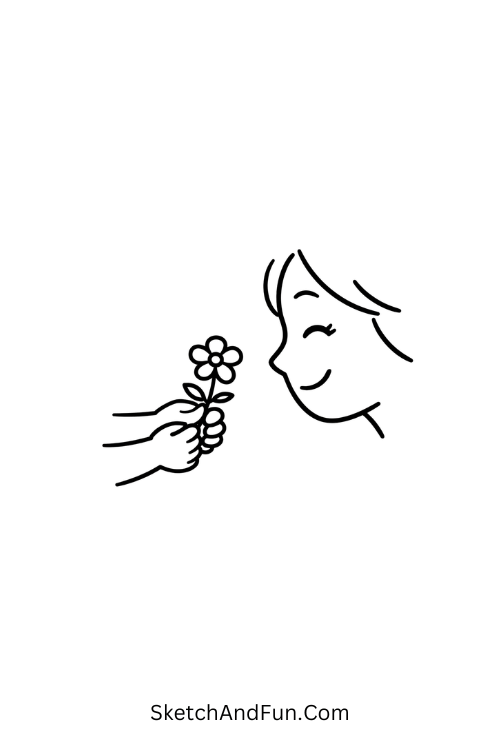 A drawing of two hands offering a small flower to mom, mother's day flower drawing ideas