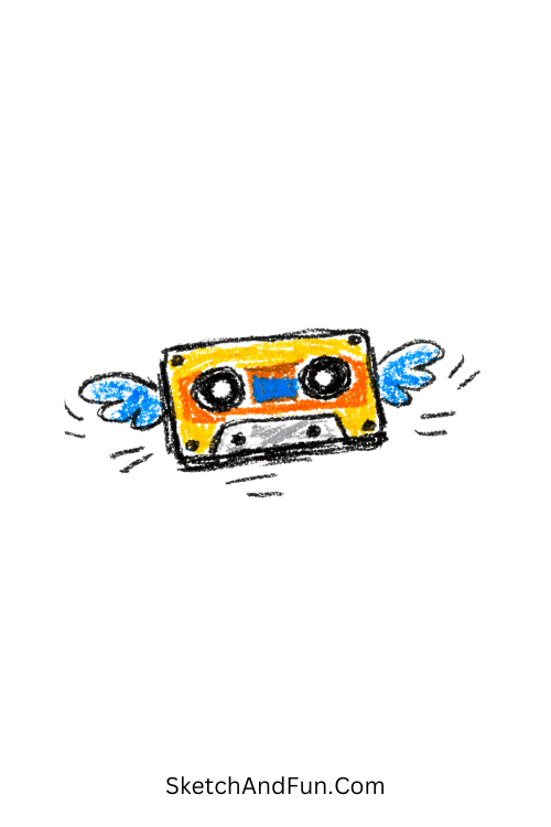 A doodle of a floating cassette tape with motion lines, music doodle stickers