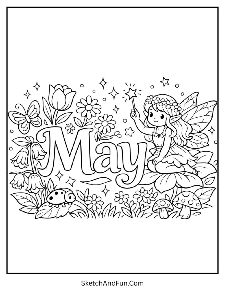A coloring page of a magical fairy around “May”, Free May children coloring book pages