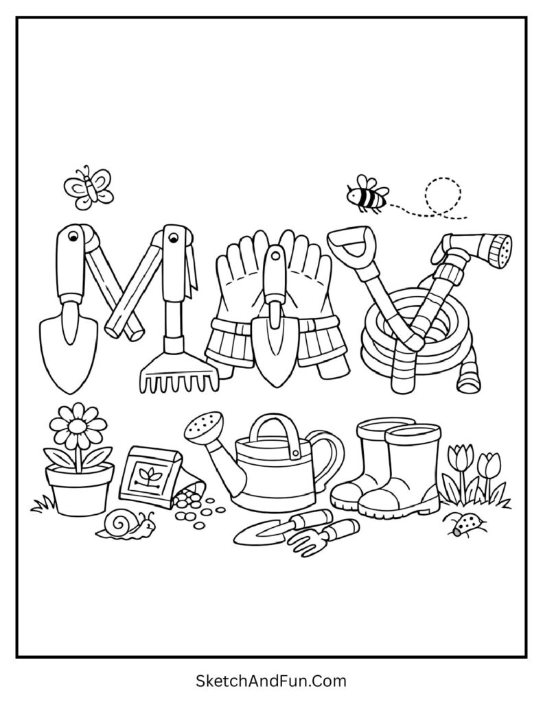 A coloring page of garden tools forming “May”, Simple May coloring pages for toddlers