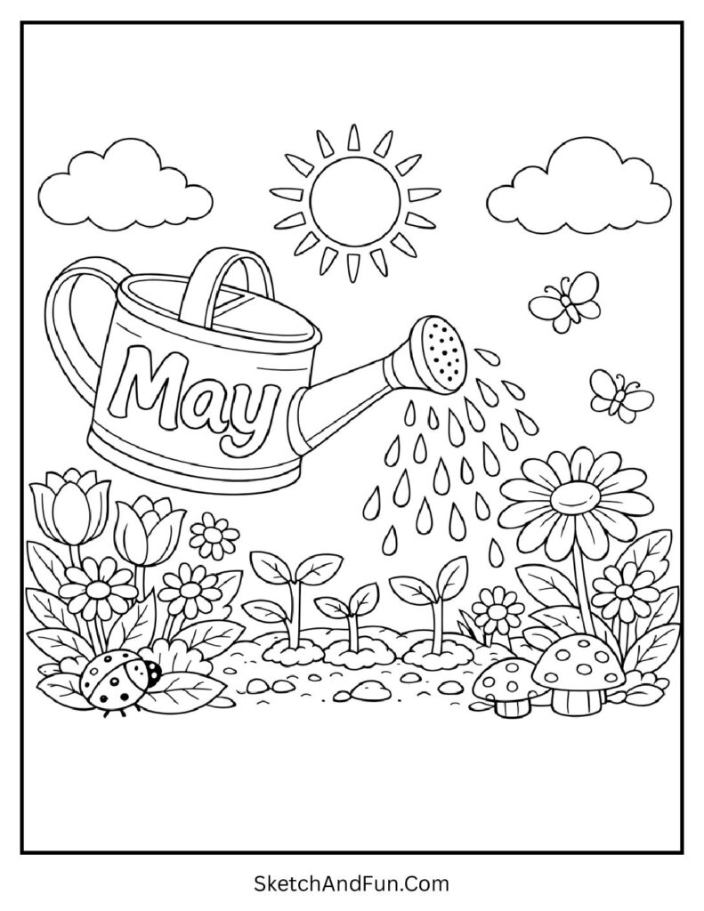 A coloring page of a watering can with “May” and plants, May garden coloring pages