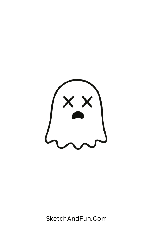 A doodle of a ghost with X eyes and messy edges, grunge mini doodles
