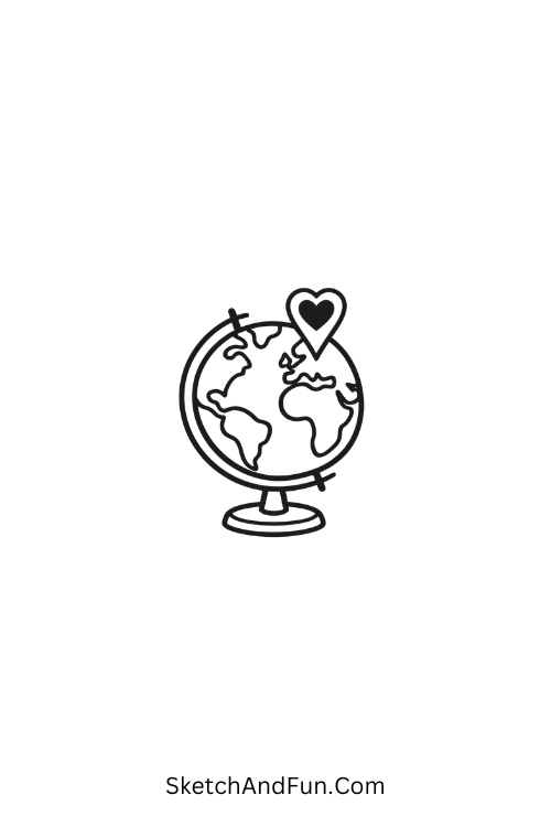 A doodle of a globe with a tiny heart-shaped pin, cute travel doodle