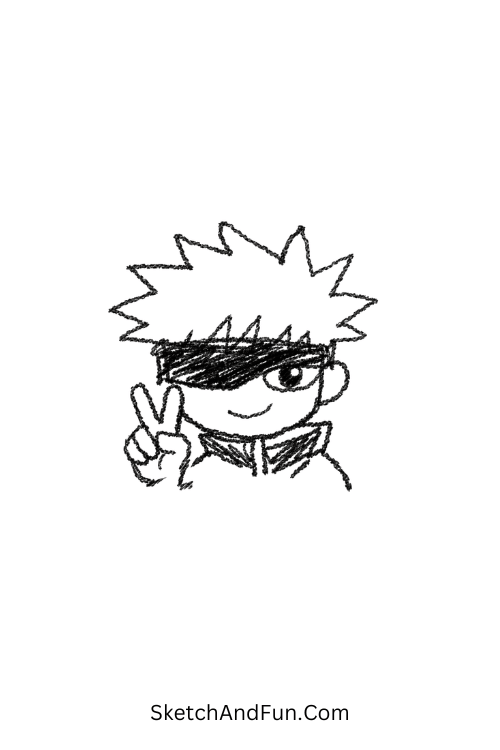 A doodle of Gojo making a playful peace sign with one eye showing, gojo doodle tutorial