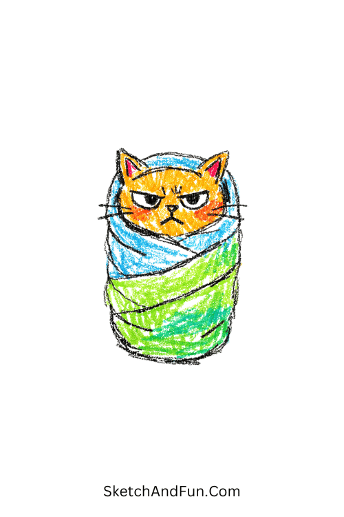A doodle of a grumpy cat wrapped tightly in a blanket, easy cat doodle